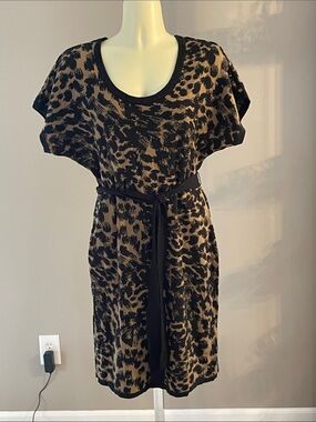 Calvin Klein Black and Tan Animal Print Belted Mini Dress  EUC
